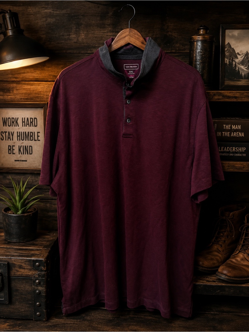 Van Heusen Men's Wine Polo with Dark Gray Contrast Collar